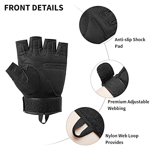 HUNTVP Militar Guantes Tactico Guantes de Moto Hombre Guantes de Bicicleta para Deportes al Aire Libre Ciclismo Acampada Escalada, Medio Dedo - Negro L