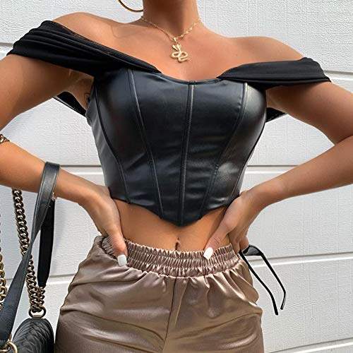 Huyghdfb Women's Sexy Push Up Bustier Corset Top Strapless Off Shoulder Slim Patchwork Y2K Crop Tank Tops Clubwear Outwear (Off-Shoulder-Black, L)