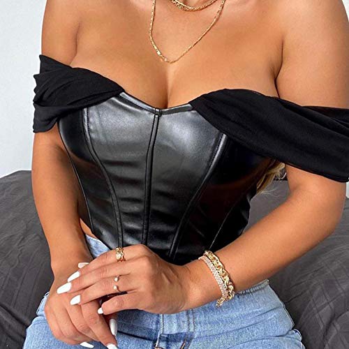 Huyghdfb Women's Sexy Push Up Bustier Corset Top Strapless Off Shoulder Slim Patchwork Y2K Crop Tank Tops Clubwear Outwear (Off-Shoulder-Black, L)