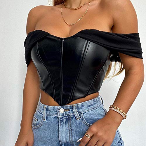 Huyghdfb Women's Sexy Push Up Bustier Corset Top Strapless Off Shoulder Slim Patchwork Y2K Crop Tank Tops Clubwear Outwear (Off-Shoulder-Black, L)