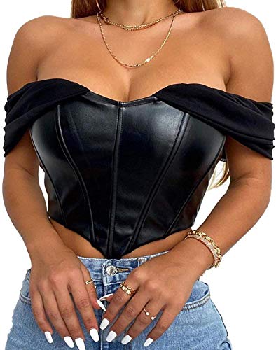 Huyghdfb Women's Sexy Push Up Bustier Corset Top Strapless Off Shoulder Slim Patchwork Y2K Crop Tank Tops Clubwear Outwear (Off-Shoulder-Black, L)