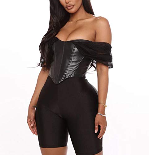 Huyghdfb Women's Sexy Push Up Bustier Corset Top Strapless Off Shoulder Slim Patchwork Y2K Crop Tank Tops Clubwear Outwear (Off-Shoulder-Black, L)