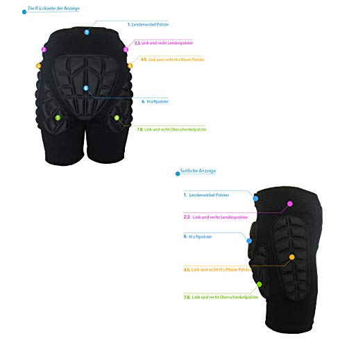 HYSENM Pantalones de protección para niños y adultos, pantalones protectores acolchados 3D, ropa de protección para la cadera, para esquí, ciclismo, patinaje, color negro, XXXL