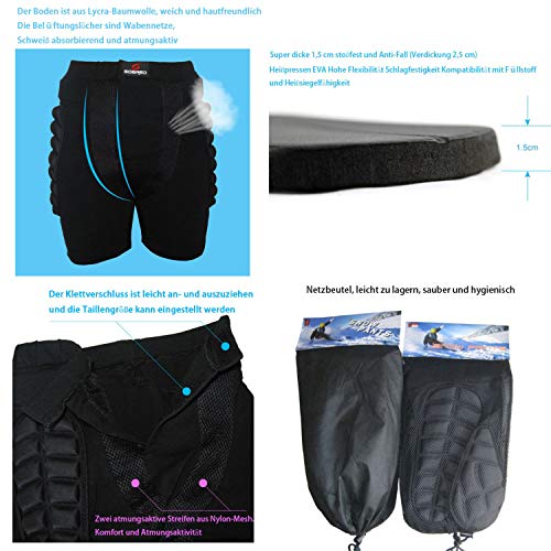 HYSENM Pantalones de protección para niños y adultos, pantalones protectores acolchados 3D, ropa de protección para la cadera, para esquí, ciclismo, patinaje, color negro, XXXL