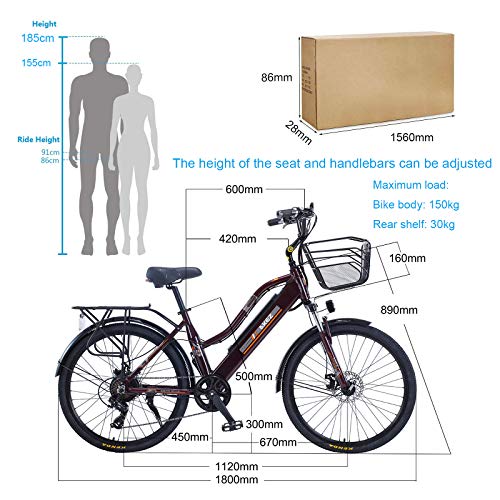 Hyuhome Bicicleta eléctrica para mujer adulto, 26" 36V 10A 250W E-bike, batería de iones de litio extraíble, bicicleta de montaña, bicicleta eléctrica para exteriores, trabajo (marrón)