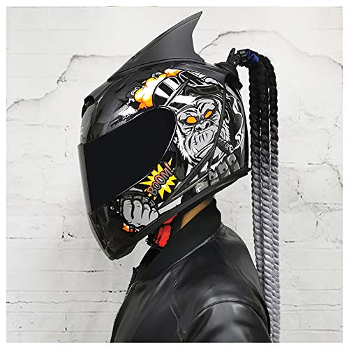 HZIH Casco de Moto,Casco Integral con Trenzas Y Cuernos Casco De Personalidad De Moda,ECE Homologado Casco Integral de Motocicleta Flip Up Doble Visera Cascos per Mujeres et Hombres D,M=55~56cm