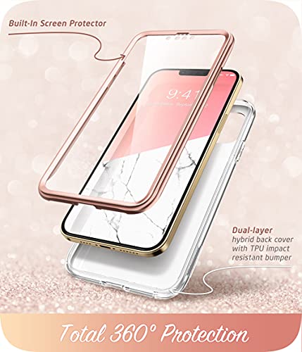 i-Blason Funda iPhone 13 Pro MAX 6.7 Pulgada [Cosmo] 360 Grados Carcasa Completo Transparente Parachoques Case con Protector de Pantalla Integrado Funda con Mica Mármol - Rosado