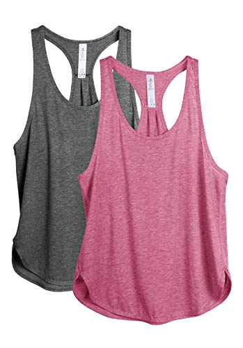 icyzone Camiseta sin Mangas de Fitness para Mujer Racerback Chaleco Deportivo, Pack de 2 (S, Carboncillo/Rosado)