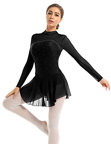 IEFIEL Vestido Patinaje sobre Hielo para Mujer Maillot de Danza Ballet Manga Larga Maillot con Falda Maillot de Gimnasia Ritmica Adulto S-XL S Negro XL
