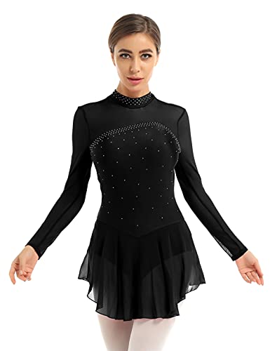 IEFIEL Vestido Patinaje sobre Hielo para Mujer Maillot de Danza Ballet Manga Larga Maillot con Falda Maillot de Gimnasia Ritmica Adulto S-XL S Negro XL