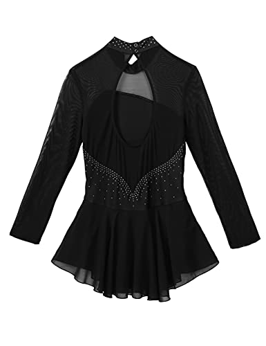 IEFIEL Vestido Patinaje sobre Hielo para Mujer Maillot de Danza Ballet Manga Larga Maillot con Falda Maillot de Gimnasia Ritmica Adulto S-XL S Negro XL