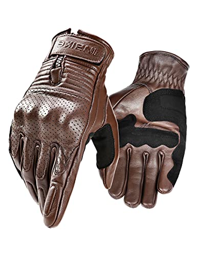 INBIKE Guantes Moto De Piel Cuero 100% con Buen Agarre Y Ventilación, Guantes Motocicleta Vintage con Protecciones Profesional En Los Nudillos(IM805-Marrón,M)