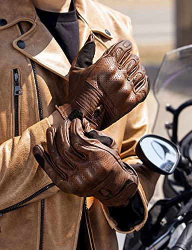 INBIKE Guantes Moto De Piel Cuero 100% con Buen Agarre Y Ventilación, Guantes Motocicleta Vintage con Protecciones Profesional En Los Nudillos(IM805-Marrón,M)