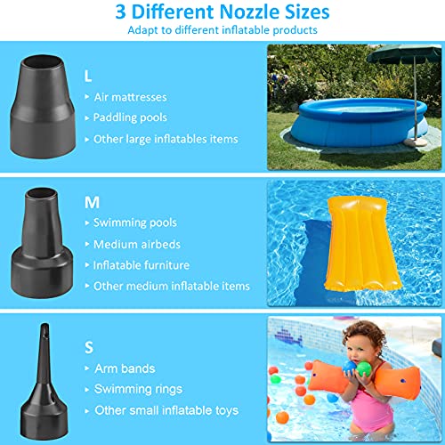 Inflador Electrico Inflar Desinflar, Hinchador Electrico Portátil Colchon Hinchable con 3 Boquillas, Bomba de Aire Electrica para Piscina Inchable, Sofá Hinchable, Colchón Inflable, Cama Coche, Kayak