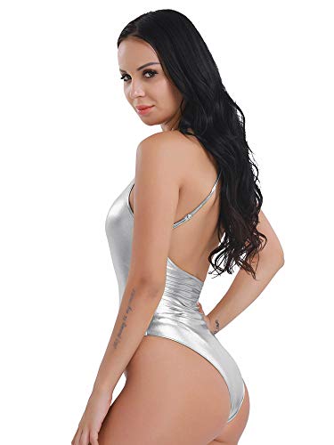 inhzoy Maillot de Danza Ballet Cuero para Mujer Brillante Body Correas Cruzadas Elástico Leotardo de Gimnasia Rítmica Disfraz de Bailarina Actuación Plateado M