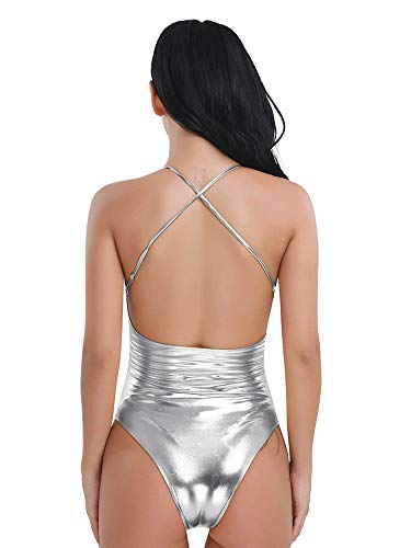 inhzoy Maillot de Danza Ballet Cuero para Mujer Brillante Body Correas Cruzadas Elástico Leotardo de Gimnasia Rítmica Disfraz de Bailarina Actuación Plateado M