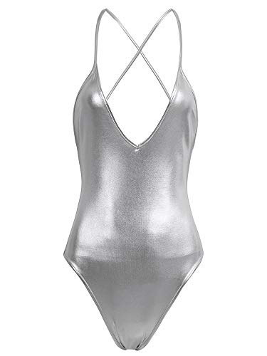 inhzoy Maillot de Danza Ballet Cuero para Mujer Brillante Body Correas Cruzadas Elástico Leotardo de Gimnasia Rítmica Disfraz de Bailarina Actuación Plateado M