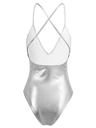 inhzoy Maillot de Danza Ballet Cuero para Mujer Brillante Body Correas Cruzadas Elástico Leotardo de Gimnasia Rítmica Disfraz de Bailarina Actuación Plateado M