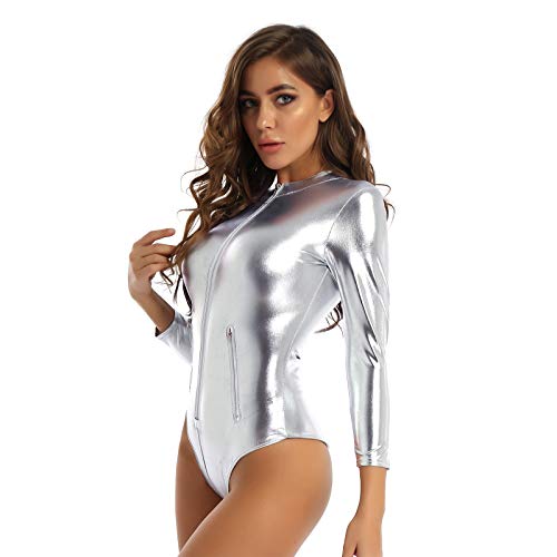 inlzdz Mujer Sexy Body de Charol Wetlook Manga Larga Bodysuit Metálico Brillante con Cremallera Mono Atractivo con Pecho Abierto Plateado XXL