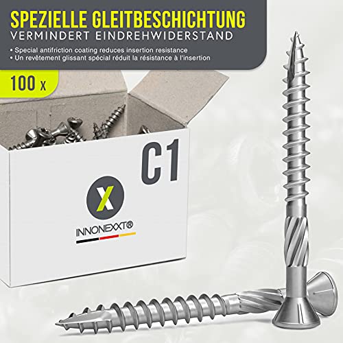 INNONEXXT Tornillos para tarimas de acero inoxidable de primera calidad, broca, costillas fresadas, punta cortada, madera, con recubrimiento deslizante, multidientes internos, 200 piezas 5,0x60mm C1