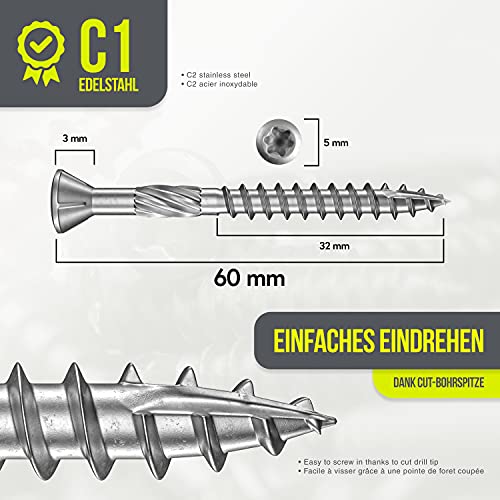 INNONEXXT Tornillos para tarimas de acero inoxidable de primera calidad, broca, costillas fresadas, punta cortada, madera, con recubrimiento deslizante, multidientes internos, 200 piezas 5,0x60mm C1