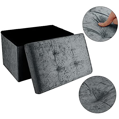 INTIRILIFE Otomana Plegable 49x30x30 cm en Terciopelo Gris - Asiento Cubo con Espacio de Almacenamiento y tapizado con Funda de Terciopelo - Asiento Cubo reposapiés Cofre