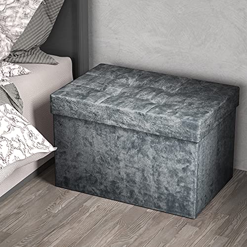 INTIRILIFE Otomana Plegable 49x30x30 cm en Terciopelo Gris - Asiento Cubo con Espacio de Almacenamiento y tapizado con Funda de Terciopelo - Asiento Cubo reposapiés Cofre