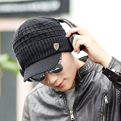 Invierno Hombre Gorro de Punto Tejer de Lana Beanie Sombrero de Gorras con Viseras (Negro)