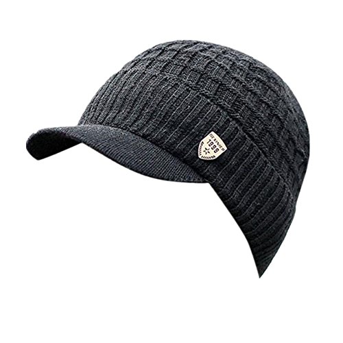 Invierno Hombre Gorro de Punto Tejer de Lana Beanie Sombrero de Gorras con Viseras (Negro)