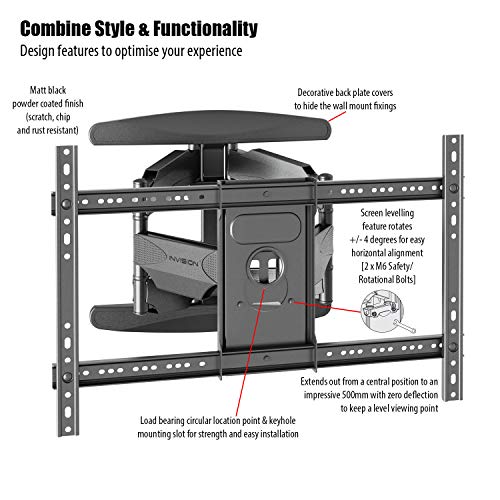 Invision Soporte de Pared para TV Ultra Fuerte – para Pantallas Curvo Plasma LCD LED 94-178cm (37-70 Pulgadas) Doble Brazo Giratorio Inclinable, con Cable HDMI 1080p y Nivel de Burbuja (HDTV-DXL)