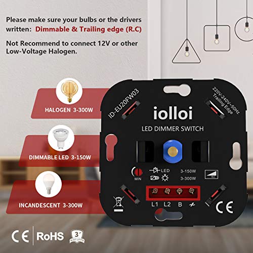 iolloi interruptor regulador de luz, empujar encendido/apagado giratorio LED atenuador interruptor para Regulable LED/incandescente/bombillas halógenas, 2 vías, 3-150W, 3 años de garantía