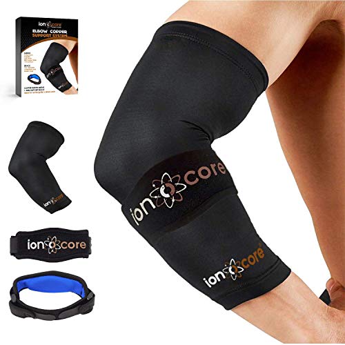 Ionocore® Sistema de Protección para el Codo - Brazelete Protector Codo de Tenista - Correa del Codo y Mangas de Compresión para las Articulaciones del Antebrazo, Ligero MEDIANO: 10.5"-12"