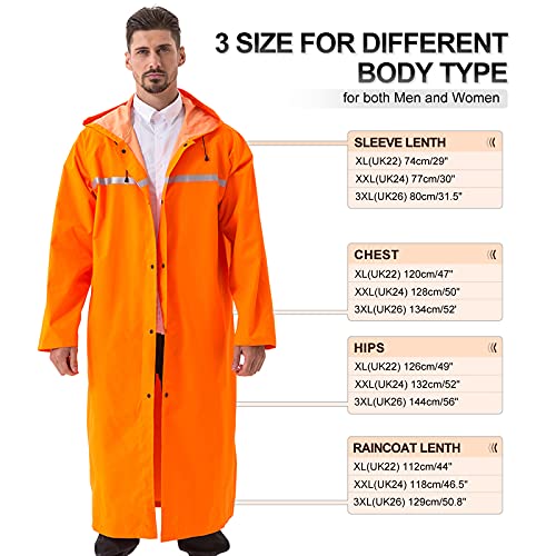 ioutdoor Premium - Poncho impermeable reutilizable con cinta reflectante, impermeable ligero y duradero con capucha con cordón para adultos, mujeres, hombres y mujeres, naranja, xx-large