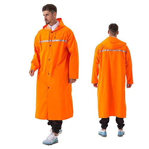 ioutdoor Premium - Poncho impermeable reutilizable con cinta reflectante, impermeable ligero y duradero con capucha con cordón para adultos, mujeres, hombres y mujeres, naranja, xx-large