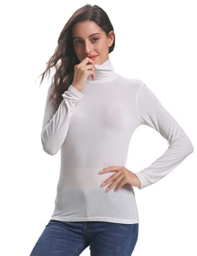 Irevial Camisetas de Cuello Alto Mujer Blusa Manga Larga Elegante Turtleneck Tops Casual Ligero Camiseta Delgada para Primavera Otoño Invierno Blanco, L