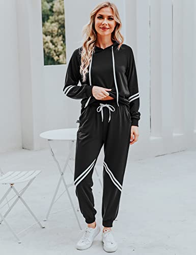 Irevial Conjunto Chándal de Mujer, Invierno Otoño Casual Conjuntos Deportivos Jogging De Mujer 3 Piezas Streetwear Moda Manga Larga Pullover Sudadera Tops Cordón+ Pantalones Largos Negro-M