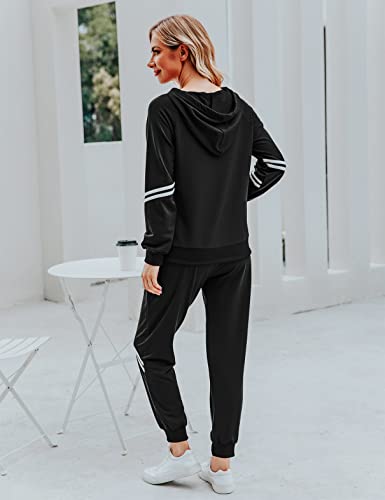 Irevial Conjunto Chándal de Mujer, Invierno Otoño Casual Conjuntos Deportivos Jogging De Mujer 3 Piezas Streetwear Moda Manga Larga Pullover Sudadera Tops Cordón+ Pantalones Largos Negro-M