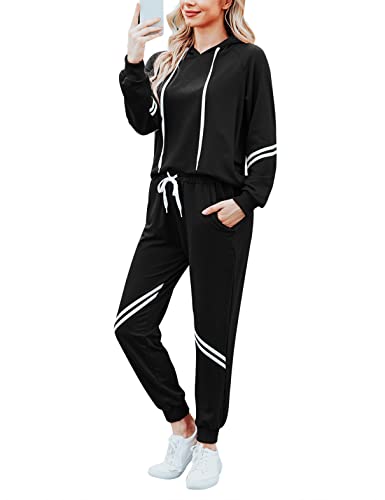 Irevial Conjunto Chándal de Mujer, Invierno Otoño Casual Conjuntos Deportivos Jogging De Mujer 3 Piezas Streetwear Moda Manga Larga Pullover Sudadera Tops Cordón+ Pantalones Largos Negro-M