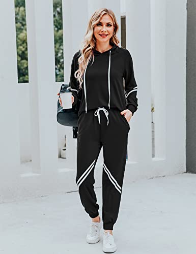 Irevial Conjunto Chándal de Mujer, Invierno Otoño Casual Conjuntos Deportivos Jogging De Mujer 3 Piezas Streetwear Moda Manga Larga Pullover Sudadera Tops Cordón+ Pantalones Largos Negro-M