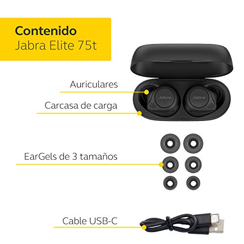 Jabra Elite 75t, Auriculares Bluetooth con Cancelación Activa de Ruido y batería de larga duración, Llamadas y música verdaderamente inalámbricas, Negro