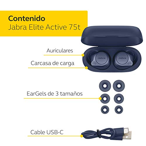 Jabra Elite Active 75t, Auriculares deportivos inalámbricos con Cancelación Activa de Ruido y batería de larga duración para llamadas y música , Azul Marino