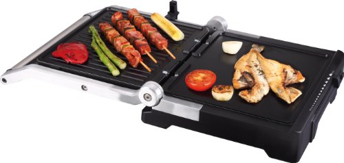 Jata GR1100 Grill de Asar Doble Línea Profesional con Placas Mixtas de 27,5 x 24 cm Antiadherente Libre de PFOA Placa Superior Ajustable 6 Posiciones Cuerpo Aluminio Fundido 2000 W, aluminio, negro