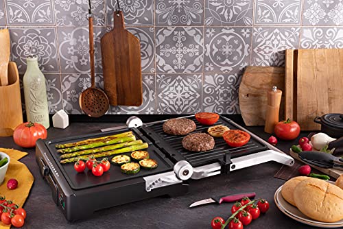 Jata GR1100 Grill de Asar Doble Línea Profesional con Placas Mixtas de 27,5 x 24 cm Antiadherente Libre de PFOA Placa Superior Ajustable 6 Posiciones Cuerpo Aluminio Fundido 2000 W, aluminio, negro