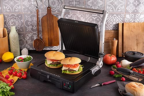 Jata GR1100 Grill de Asar Doble Línea Profesional con Placas Mixtas de 27,5 x 24 cm Antiadherente Libre de PFOA Placa Superior Ajustable 6 Posiciones Cuerpo Aluminio Fundido 2000 W, aluminio, negro