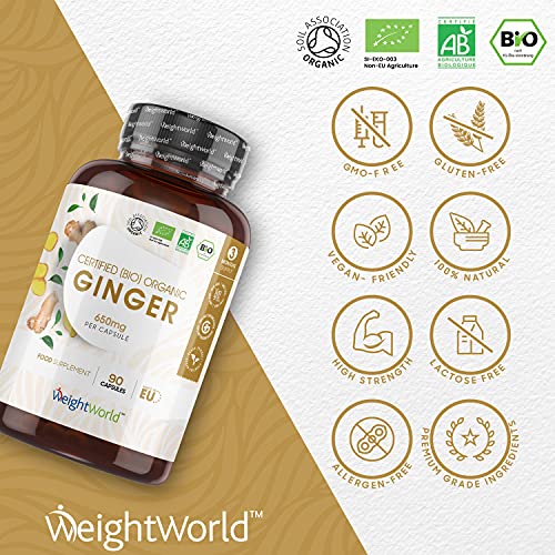 Jengibre Orgánico 90 Cápsulas, Vegano - Dosis Alta 650mg por Cápsula de Extracto de Raíz de Jengibre en Polvo, Potente Fuente de Vitamina C, Vitaminas del Grupo B, Calcio, Potasio, Hierro y Zinc