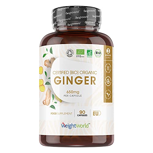 Jengibre Orgánico 90 Cápsulas, Vegano - Dosis Alta 650mg por Cápsula de Extracto de Raíz de Jengibre en Polvo, Potente Fuente de Vitamina C, Vitaminas del Grupo B, Calcio, Potasio, Hierro y Zinc