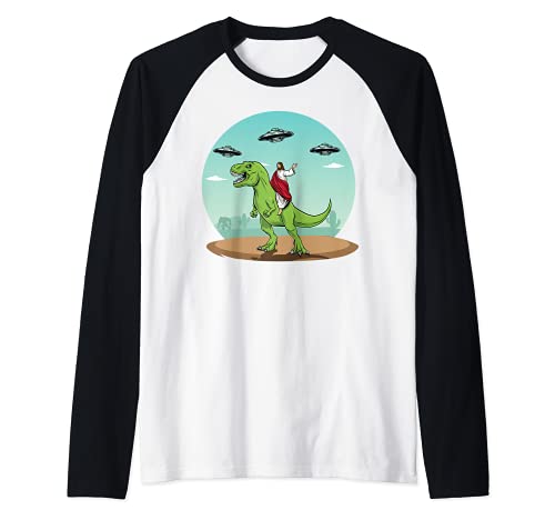 Jesus Riding A Dinosaur Funny Bigfoot UFO Alien Abduction Camiseta Manga Raglan