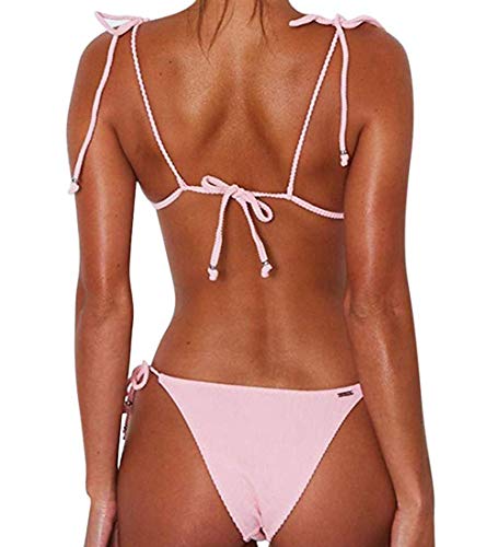 JFAN Bikini de Lazo Acanalado para Mujer Traje de Baño Brasileño con Parte Inferior Descarada(Rosa,S)