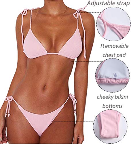 JFAN Bikini de Lazo Acanalado para Mujer Traje de Baño Brasileño con Parte Inferior Descarada(Rosa,S)