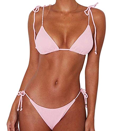 JFAN Bikini de Lazo Acanalado para Mujer Traje de Baño Brasileño con Parte Inferior Descarada(Rosa,S)